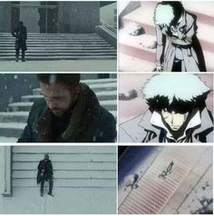 four different scenes from an anime show, with one man standing in front of stairs