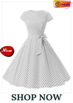 Women Dress Vintage Printed Dot A-line O-neck Bow Sashes Spring A-line Belted Dress, Fitted A-line Belted Dress For Summer, White Belted A-line Dress, Summer A-line Belted Dress, Vintage Belted A-line Dress, Retro Belted Dresses, Bow Sash, Neck Bow, Dress Vintage