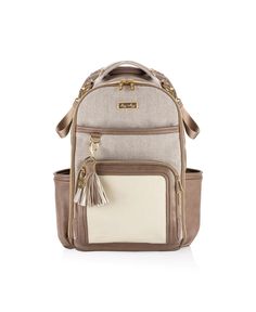 a backpack with two compartments and a zippered pocket on the front, in beige