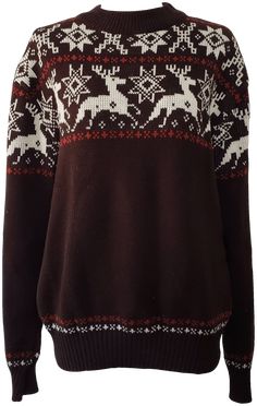 Snowdrift brown sweater in acrylic. White Reindeer, Brown Knit Sweater, Brown Sweater, Vintage Brown, Reindeer, Knit Sweater, Christmas Sweaters, Knitted Sweaters, Knitting