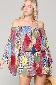 Sally T. Patchwork Romper – Debra's Passion Boutique Patchwork Romper, Theme Clothes, Cancun Outfits, Summer Romper Outfit, Spring Styles, Adorable Outfits, Metal Mulisha, Cotton Kimono, Kimono Sleeves