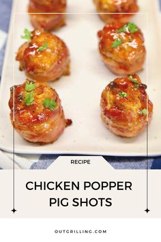 chicken popper pig shots on a white plate with text overlay that reads recipe