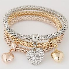 Trio Hearts: Triple Charm Alloy Bracelet Set-Fashion Bracelets & Bangles-StylinArts Triple Charm, Triple Heart, Rhinestone Heart, Rhinestone Designs, Heart Bracelet, Stylish Accessories, Heart Design, Meaningful Gifts, Heart Charm