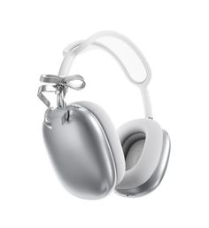 a pair of silver headphones sitting on top of each other