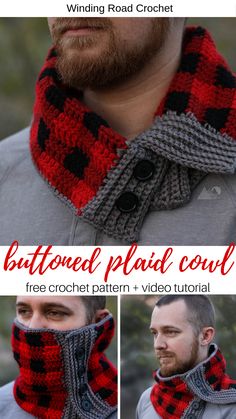 a man wearing a red and black knitted cowl with the text, buttoned plaid cowl free crochet pattern + video tutor