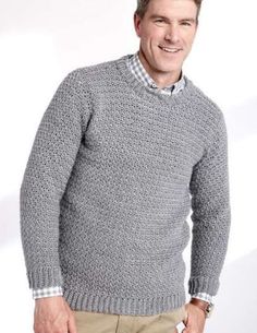 a man wearing a gray sweater with the text, crew neck pullover free crochet pattern