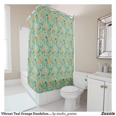 a bathroom with a green shower curtain next to a white toilet and sink in it