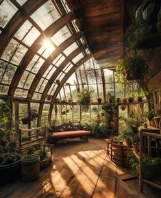 the inside of a greenhouse with lots of plants and potted plants on the floor