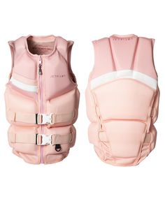 a child's pink life vest with white stripes and zippers on the chest