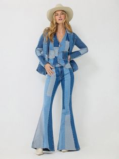 Lainey Wilson Patchwork Blues Bell Bottom Jeans Wrangler Women's 99% Cotton/ 1% Elastane Fit: Slim Rise: High Front Rise: 10 5/8" Leg: Flare Leg Opening: 34" Leg Hem: Finished Hem Jean Shirt Dress, Lainey Wilson, Moda Denim, 70’s Fashion, Bottom Jeans, Patchwork Jeans, Glamorous Style, Jeans Bootcut, Outfits With Hats