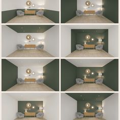 multiple shots of a living room with couches and lamps on the wall in different positions