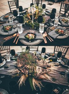 the table is set with black plates and place settings for an outdoor dinner party or gathering