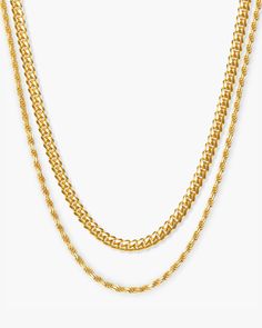 Chic and sleek. This iconic duo features our favorite 3mm Cuban + 2mm Rope Chains in glowing gold. Pair them together or on their own, they come with a two-inch extension chain so you can wear them your way. Tommy Hilfiger Chain, Luxury Cable Chain Fine Jewelry, Cheap Cable Chain Jewelry, Chain Stack, Gold Layered Necklaces, Iconic Duo, Gold Bond, Solid Gold Chains, Silver Coat