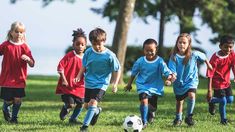 several children are playing soccer on the grass