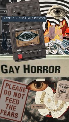 an advertisement for gay horror on the side of a wall with various pictures and words