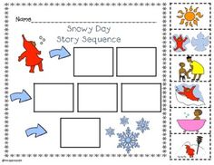 a snow day story sequence is shown in the middle of a page with an arrow pointing to