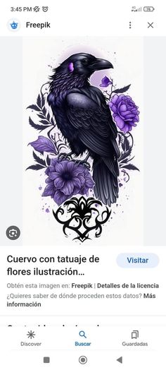 an image of a black bird with purple flowers on it's chest and the words,