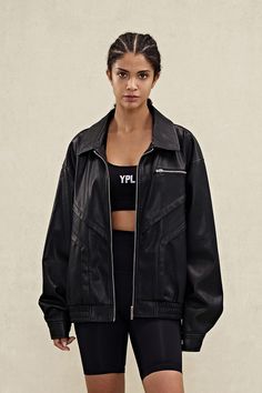 This YPL Black PU Leather Jacket has a fashion silhouette and features a zipper at the chest and front with twill. Get the look you want while staying comfortable in this stylish and durable jacket. Fashion Silhouette, Pu Leather Jacket, Yoga Set, Sweater Coats, Get The Look, Bra Tops, Dress Accessories, Hoodie Shirt, Pu Leather