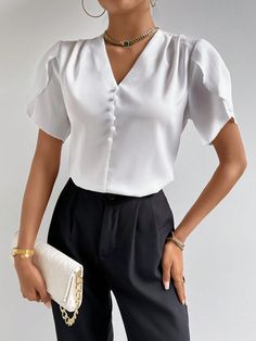 Women's Puff Sleeve V-Neck Blouse,Short Sleeve Tops White Casual  Short Sleeve Woven Fabric Plain Top Non-Stretch  Women Clothing, size features are:Bust: ,Length: ,Sleeve Length: Plain Tops, V Neck Blouse, White Casual, Fashion Tops, Fashion Online Shop, All Fashion, Women Clothing, Woven Fabric, Womens Tees