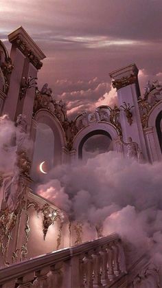 an artistic view of clouds and buildings in the sky with a half moon above them