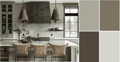 an image of a kitchen setting with gray and white color scheme for the walls, counter tops, cabinets and chairs