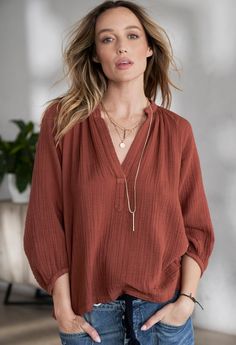 Terracotta Gauze Top - ocean+main Capsule Wardrobe 2020, Cotton Gauze Shirt, Cotton Gauze Top, Wide Sleeve Top, Winter Sewing, Gauze Shirt, Gauze Top, Flowy Shirt, Jeans Outfits