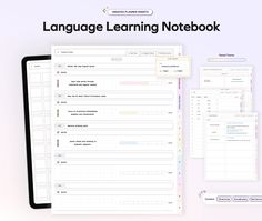 the language learning notebook is open on top of a tablet and next to it's contents