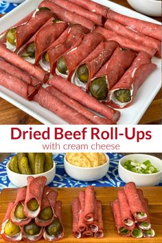 Collage of dried beef and cream cheese roll-ups Pickel Roll Ups, Pickle Roll Ups Dried Beef, Dried Beef Pickle Roll Ups, Dried Beef Cream Cheese Roll Ups, Pickle Appetizers Roll Ups, Meat And Cream Cheese Roll Ups, Dill Pickle Cream Cheese Roll Ups, Dill Pickle Dip With Dried Beef, Dried Beef Roll Ups With Cream Cheese