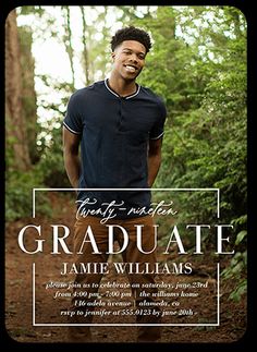 an image of a man in the woods graduation party card with his name on it