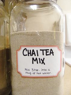 there is a glass jar with a label on it that says chai tea mix