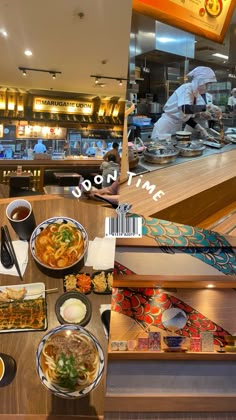 a restaurant with many different foods on the counter and in front of it is a chef preparing food