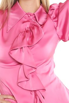 Wide collar ruffle shirt with puff shoulder Model is 5 ft 11 in. Wearing a small 65% COTTON 35% POLYESTER S, M, L KC2149_PINK Ruffle Shirt, Satin, Collar, Pink, How To Wear, Quick Saves