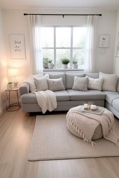 a living room with a couch, ottoman and rug in front of a large window