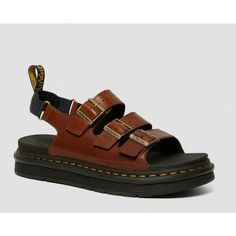 Crafted In Hydro Leather - A Smooth Pu-Coated Leather With Matte Finish Leather Upper Textile / Man Made Lining Rugged Airwair Sole Man Made Outsole Adjustable Buckle Closures Mens Slides Sandals, Dr Martens Sandals, Shoes Dr Martens, Boho Men, Leather Strap Sandals, Criss Cross Sandals, Mens Leather Sandals, Leather Thong Sandals, Brown Leather Sandals