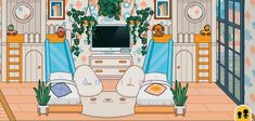 a cartoon living room with furniture and plants