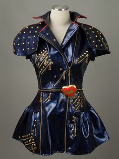 a blue leather corset with gold rivets on the collar and shoulders