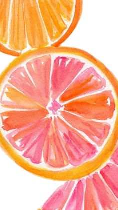 two oranges cut in half on a white background with pink and yellow stripes around them