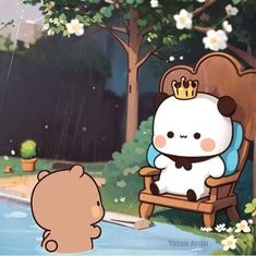 a cartoon character sitting in a chair next to a teddy bear with a crown on its head