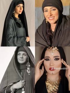 three pictures of women in black clothing and one is wearing a headscarf with gold jewelry