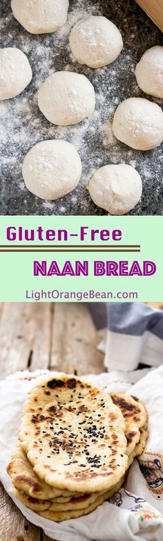 homemade gluten - free naan bread on a baking sheet and in the background is an image of uncooked pita bread