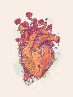 a drawing of a human heart with flowers on it