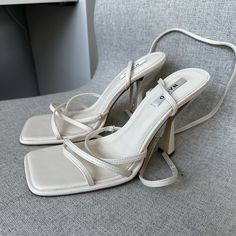 White Heels With Straps That Twist Around The Ankles. No Defects, Never Worn. Na-kd Shoes, Heels With Long Straps, White Lace Heels, White Sandal, Kd Shoes, White Sandals Heels, Sandals Collection, Prom Heels, Lace Heels