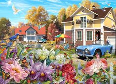 a painting of a blue car parked in front of a house with lots of flowers