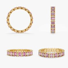 four different types of rings with pink and white stones on each ring, one in yellow gold