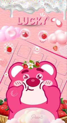 the pink bear is surrounded by strawberrys and other things in front of her face