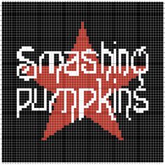 a cross stitch pattern with the words smashing pumpkins in red and white on a black background