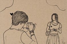 a drawing of a man and woman standing next to each other looking at something in the sky