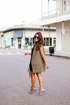 haute off the rack, olive vest, lace up heels, street style, fashion blogger, outerwear, women's fashion, fall style, Louisiana blogger, sleeveless jacket, fall outfit, black dress Heels Street Style, Jacket Fall Outfit, Fall Vest Outfits, Blazer Dress Outfits