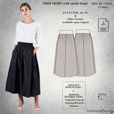 🤩PDF Digital sewing pattern for PAPILLONE skirt🤩 The PAPILLONE skirt sewing pattern is a stunning long skirt with an elastic waistband. This flowing skirt features a front and back pleat, along with box pleats on the sides, creating the appearance of fake pockets. Perfect for both daytime and evening wear, this long skirt sewing pattern with an elastic band is very easy to make and yields incredible results. 🕮The instructions are written in English, French, spanish, German and Italiano and fe Elastic Waistband Skirt Pattern, Sew Long Skirt Pattern, Maxi Skirt Sewing Pattern Free, Long Skirt Pattern Sewing, Long Skirt Sewing Pattern, Midi Skirt Sewing, Boho Skirt Pattern, Midi Skirt Sewing Pattern, Long Skirt Pattern