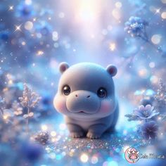 a cute little animal sitting in the middle of some flowers and sparkles on a blue background